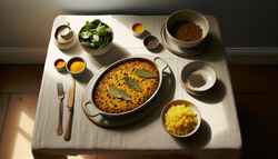 Minimalist dining setup with Vegan Bobotie in an oval dish, garnished with bay leaves, beside yellow rice and green salad, under natural light.