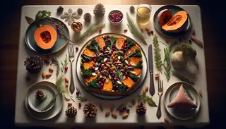Elegant vegan holiday feast with sweet potatoes, kale, and cranberries, adorned with pine cones and herbs, on a simple table with warm lighting.