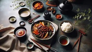 A serene dining table with minimalist design features a vegan Korean Bulgogi dish made with seitan strips, accompanied by a bowl of steamed rice.
