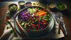 Asian-inspired vegan salad in a bowl with quinoa, purple cabbage, carrots, red peppers, edamame, cilantro, and sesame seeds, on a simple table.