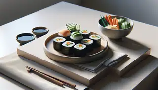 Elegant vegan sushi tasting menu on a minimalist table, featuring vibrant cucumber, carrot, avocado, and tofu, with soy sauce, wasabi, and ginger.