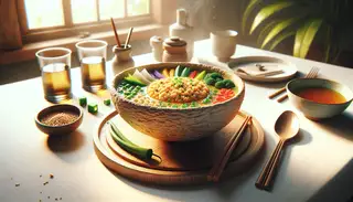Vibrant, crumbly vegan soup inspired by Asian cuisine, on a minimalist table setting, exuding fresh ingredients in warm, cozy ambiance.