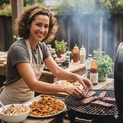 Emily in a modern kitchen with rustic elements, grilling smoky BBQ tempeh ribs.