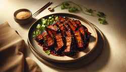 Vegan Asian BBQ Roasted Seitan Realistic image of vegan Asian BBQ Seitan with caramelized edges on a stylish plate, garnished with sesame and cilantro, set against a neutral backdrop.