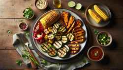 Vegan barbecue feast on a rustic wooden table featuring grilled jackfruit, sweet potatoes, corn, red peppers, and zucchini, all glazed with a shiny barbecue sauce and garnished with cilantro and lime wedges.