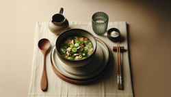 Image of a minimalist table setting featuring a vibrant Asian-inspired vegan stew in a stylish bowl, complemented by a simple wooden spoon and a sleek water glass, enhanced by warm, inviting lighting.
