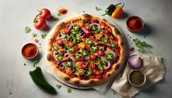 Spicy Artisan Vegan Pizza Vegan artisan pizza with red onions, bell peppers, black beans, jalapeƱos, and vegan cheese on a minimalist table.