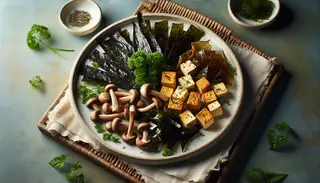 Vegan seafood platter with crispy shiitake mushrooms, seaweed, golden tofu chunks, sprinkled with nori flakes and garnished with fresh herbs, served on a minimalist table.
