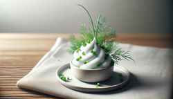 Vegan appetizer with light foam on a small plate, garnished with fresh herbs, on a minimalist wooden table.