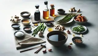 A close-up of a small bowl of vegan marinade with soy sauce, rice vinegar, maple syrup, sesame oil, garlic, and ginger on a serene Asian-inspired table setting.