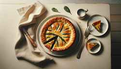 Freshly baked, steaming vegan spinach and mushroom pie on a wooden table, with a cut piece on a plate, a fork, and a napkin.
