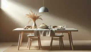 A serene dinner table set with Vegan Creamy Mushroom Risotto as centerpiece, embodying simplicity and comfort.