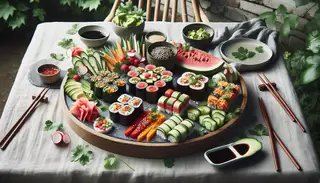 Vegan Asian-themed picnic with sushi rolls filled with watermelon, jackfruit, and vegetables, garnished with sesame, avocado, and cilantro, set outdoors with greenery.