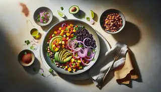 Vegan African feast with colorful onion, mango, and avocado salad, and black-eyed peas with bell peppers, under gentle light on a simple table.