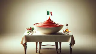 A beautifully set dining table with a vibrant bowl of Vegan Robust Sauce, exuding rich Italian flavors in a modern vegan twist.