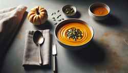 A minimalist dining table with a bowl of creamy vegan autumn vegetable soup, topped with pumpkin seeds, a metal spoon, and a folded napkin, in soft lighting.