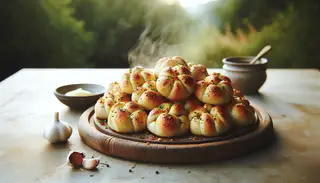 Steaming vegan garlic knots with a golden crust and red pepper flakes on a rustic board, set on a minimalistic outdoor table.