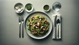 Vegan buttered linguine with herbed mushrooms on a clean, minimalistic table setting, showcasing a flavorful and inviting meal.