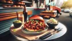 A minimalist food truck table showcasing Smoky Hoisin BBQ Jackfruit on a bun and a small bowl of wasabi coleslaw, under natural light.