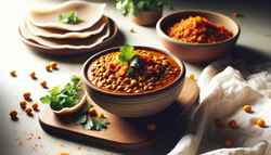 Vegan Ethiopian lentil stew in an elegant bowl, garnished with cilantro, beside fresh injera on a minimalist table in natural light.