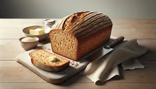 Freshly baked vegan whole wheat and chickpea bread on a wooden table, with vegan butter and a knife, in a warm, minimalistic setting.