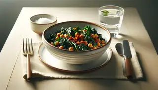 Vegan Sukuma Wiki with spiced chickpeas in a white bowl on a light wooden table, accompanied by water and silverware, emphasizing the vibrant greens and rich chickpeas.