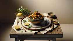 Image of a rustic table setting with African-inspired high tea, featuring a bowl of sorghum and millet with caramelized sweet potatoes and kale, garnished with cilantro and lemon.