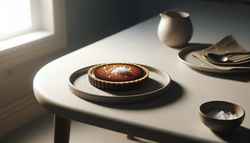 Image of a small Salted Caramel Chocolate Tart on a bare table, featuring a shiny dark chocolate top, creamy caramel layer, and sea salt garnish.