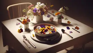 Elegant African vegan stew in a sophisticated bowl, adorned with edible flowers, on a simple table with subtle floral decor and gentle lighting.