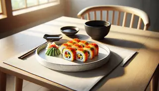 Minimalist dining table with a spicy jackfruit and mango sushi roll on a white plate, complemented by soy sauce, wasabi, and pickled ginger, in a softly lit, natural setting.
