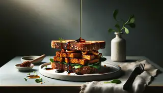 Gourmet open-faced sandwich on whole-grain bread with crispy tempeh, caramelized onions, maple-balsamic glaze, and fresh greens, on a minimalist table with subtle decor.