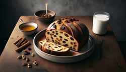 Golden brown loaf with raisins and walnuts on a ceramic plate, sprinkled with cinnamon, beside maple syrup and almond milk, on a rustic wooden table under warm light.