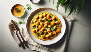 Image of pumpkin gnocchi in coconut curry sauce, garnished with fresh coriander on a clean, minimalist table, showcasing a fusion of Italian and Asian flavors.