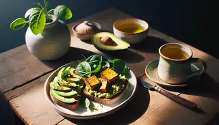 A minimalist breakfast setting on a wooden table with Sunny Avocado and Tempeh Toast, garnished with red onion, spinach, and sesame seeds, next to herbal tea in soft morning light.