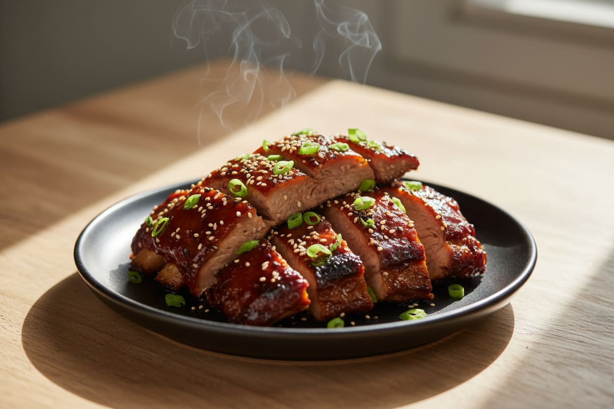 Smoked Gochujang Bourbon Lion’s Mane ribs with a glossy red glaze, sesame seeds, and scallions on a dark plate in warm, natural sunlight.