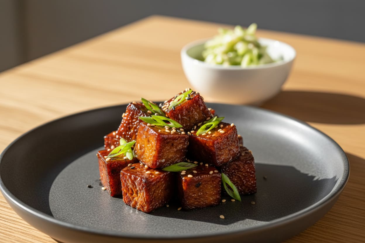 Smoked Sichuan mushroom burnt ends with a sticky glaze and charred edges on a minimalist plate. Vibrant, plant-based Asian-American BBQ fusion.