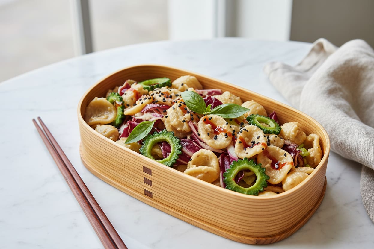 Bitter Harmony Orecchiette Bento Modern bento: orecchiette in miso-walnut cream, purple radicchio, bitter melon, and chili oil. Sleek chopsticks on a light marble surface.