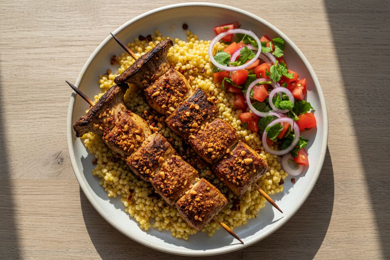 Vegan Suya King Oyster skewers on golden millet with fresh Kachumbari salad. Top-down view of African plant-based fusion on a minimalist plate.