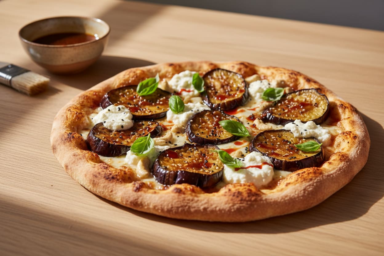 Toasty Miso-Maple Eggplant and Almond Ricotta Fusion Pizza Miso-maple eggplant pizza with almond ricotta, Thai basil, and chili oil on a charred crust, set on a light wood table in soft sunlight.