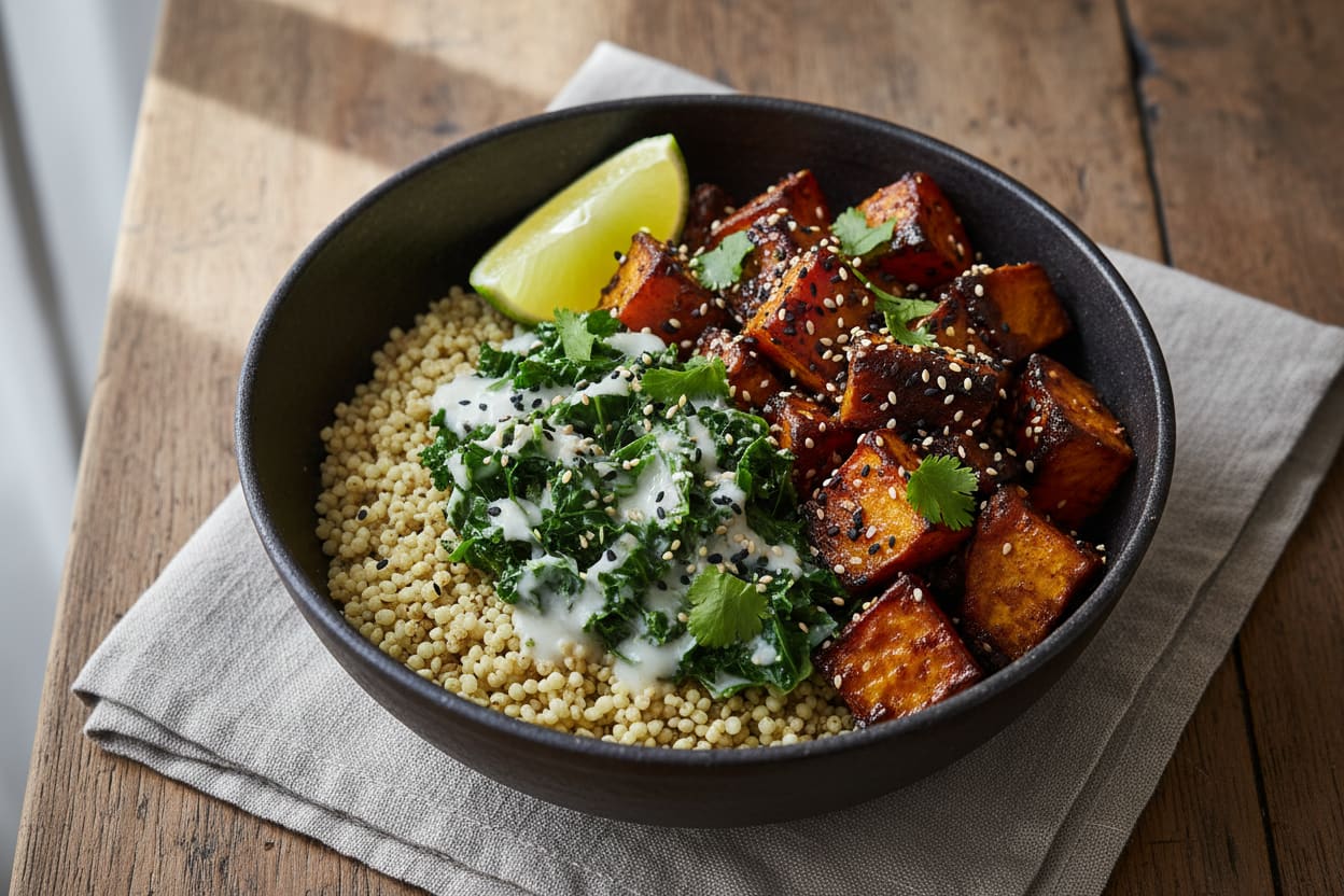 Zanzibari Coconut & Miso-Glazed Sweet Potato Bowl Miso-glazed sweet potato bowl with coconut Sukuma Wiki and teff grains in a dark clay bowl, garnished with sesame and lime.