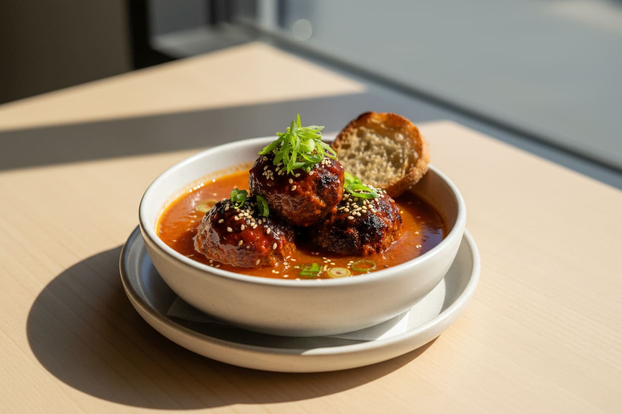Smoky Gochujang BBQ Albondigas in Miso-Tomato Broth Charred vegan BBQ albondigas in a red gochujang-miso broth with scallions and sesame seeds, reflecting warm California sunlight.