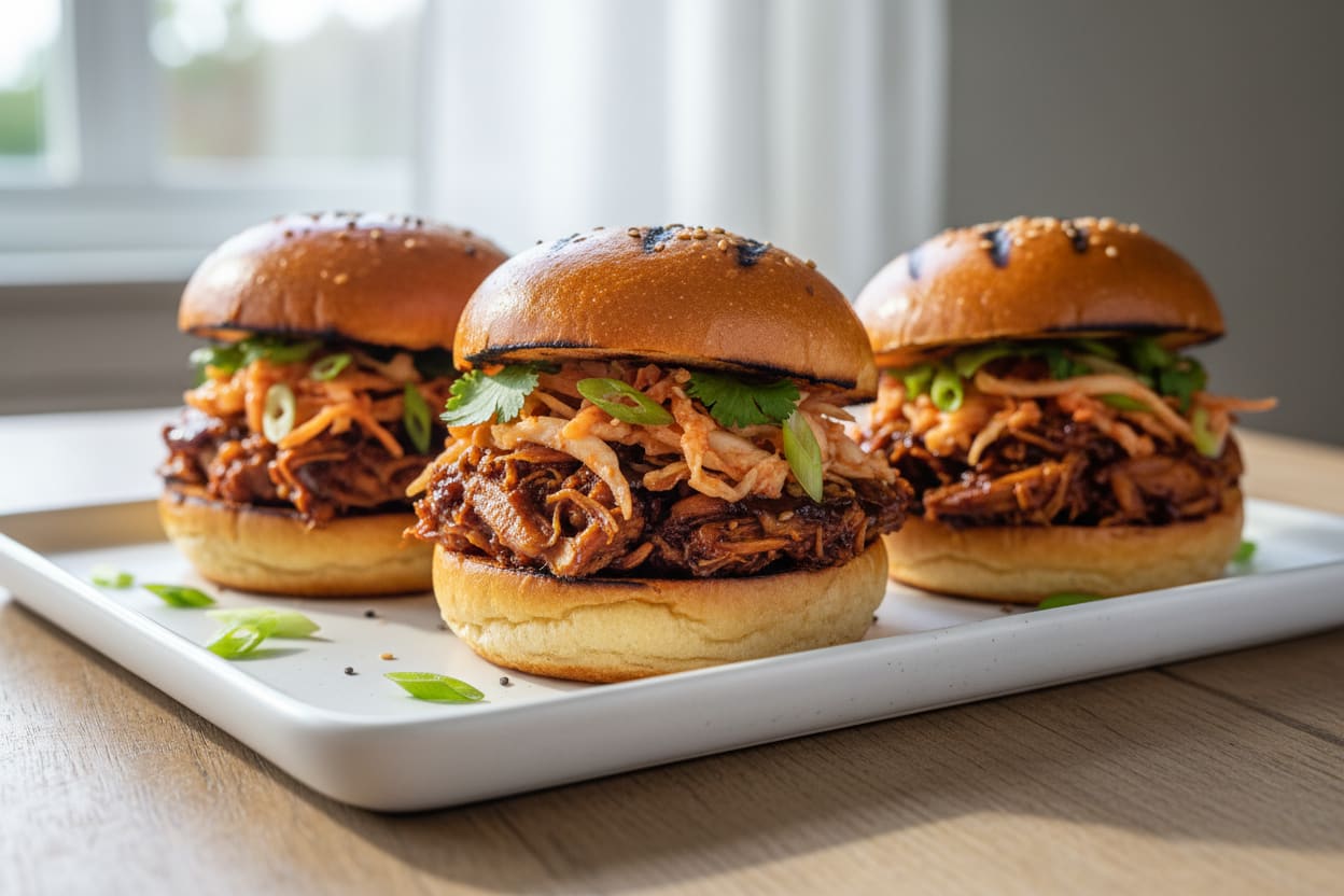 Smoky Hoisin-Kimchi Jackfruit Sliders Vegan hoisin jackfruit sliders with kimchi slaw and cilantro on charred brioche buns, capturing a vibrant Asian-American BBQ fusion.