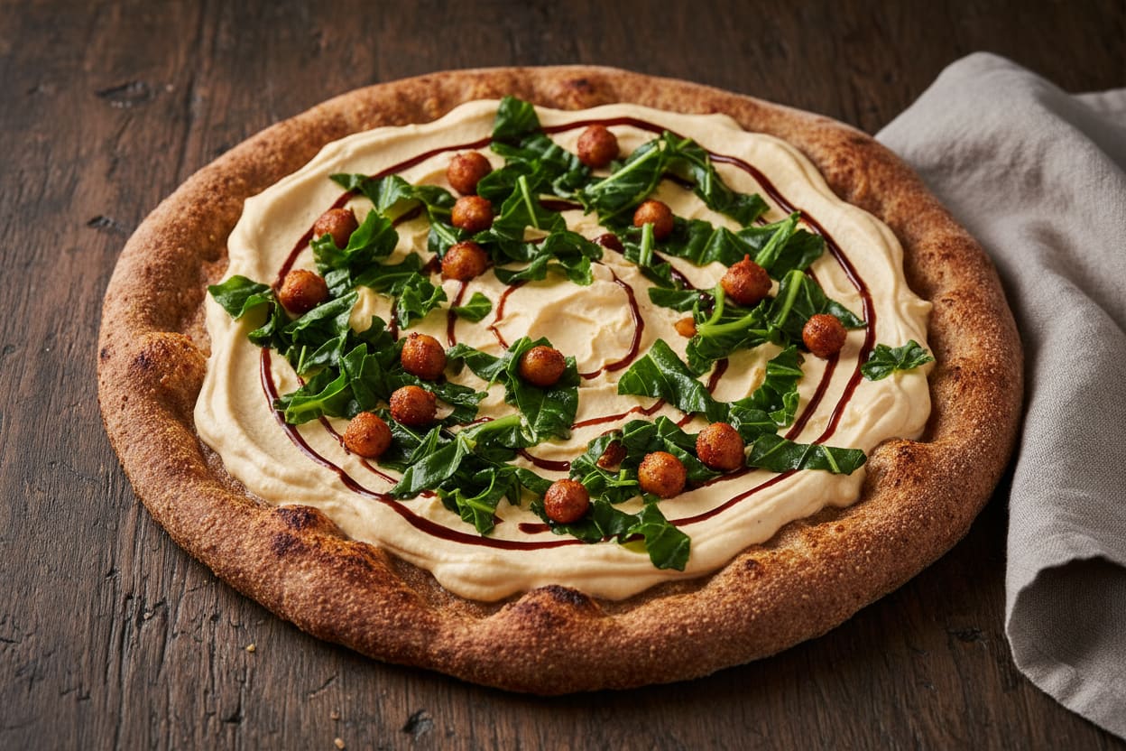 Whipped Peri-Peri Teff Artisan Pizza Artisan teff pizza topped with whipped peri-peri cream, Sukuma Wiki, and harissa chickpeas, drizzled with tamarind on a rustic wood table.
