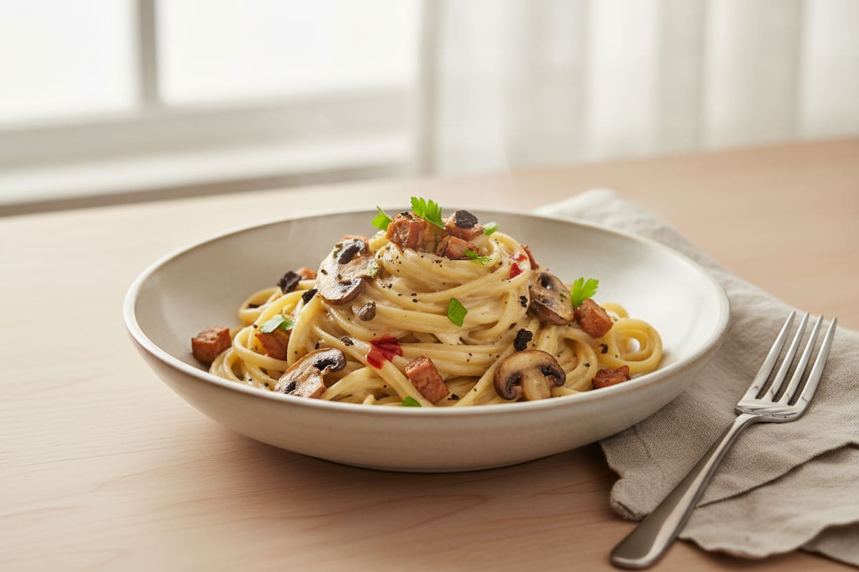 Smoky Miso & Black Garlic Mushroom Carbonara Gourmet vegan miso carbonara with linguine, shiitake, tempeh bacon, and black garlic, drizzled with chili oil in a minimalist ceramic bowl.