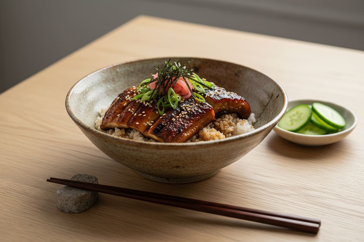 Charred Miso-Glazed Lion's Mane 'Kabayaki' Bowl Charred miso-glazed Lion's Mane 'Kabayaki' over sushi rice in a ceramic bowl with scallions and ginger. Minimalist Japanese food photography.