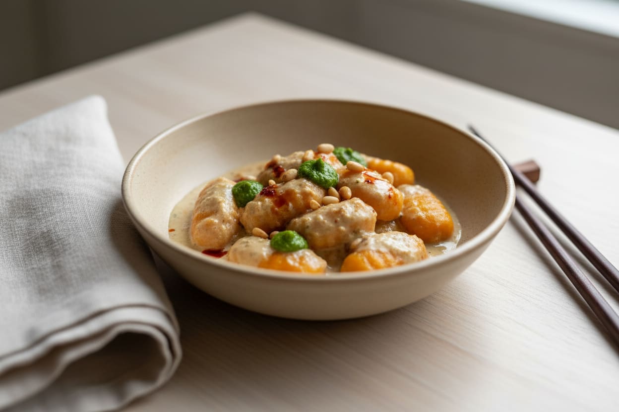 Ginger-Miso Pumpkin Gnocchi with Chili-Basil Pesto Vegan Ginger-Miso Pumpkin Gnocchi topped with Thai basil pesto and chili oil, served in a ceramic bowl with chopsticks on a wood table.