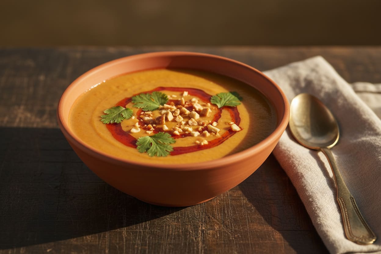 Creamy vegan sweet potato bisque in a terracotta bowl, garnished with chili oil and peanuts on a dark wood table. Warm, cinematic lighting.