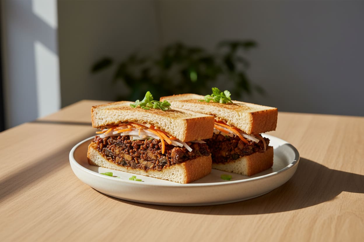 Miso-Umami Tempeh Mince Sando Vegan Miso-Tempeh Sando on Shokupan bread with pickled vegetables, elegantly plated in soft morning light.