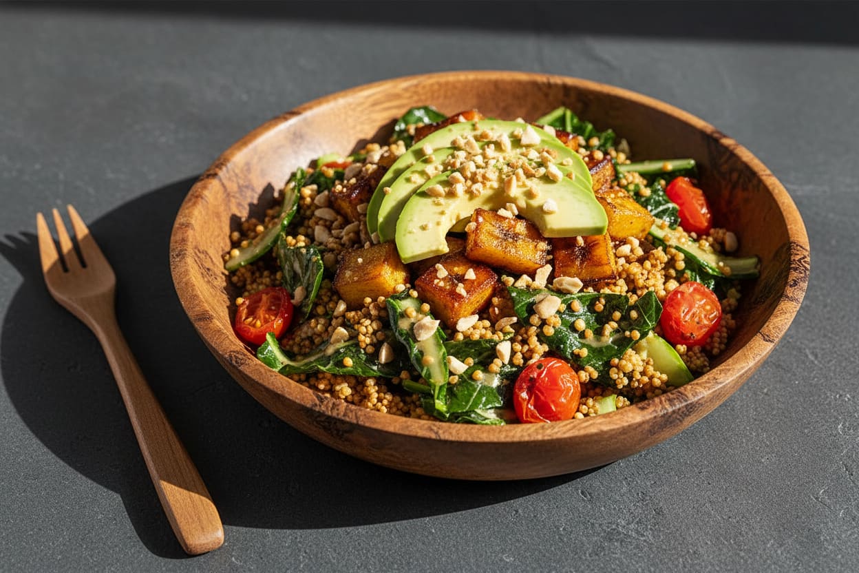 Vegan Serengeti Sizzle: Crispy millet, plantains, and avocado in a rustic wooden bowl on a dark stone surface. Soft natural lighting.
