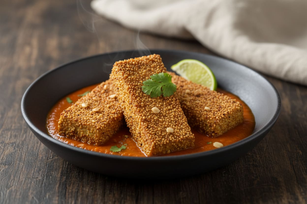 Millet & Peanut-Crusted Tofu in a Spicy Berbere-Tomato Jus Millet-crusted tofu in Berbere sauce. Handcrafted charcoal bowl on dark wood, garnished with coriander and lime. Aromatic African-vegan fusion.